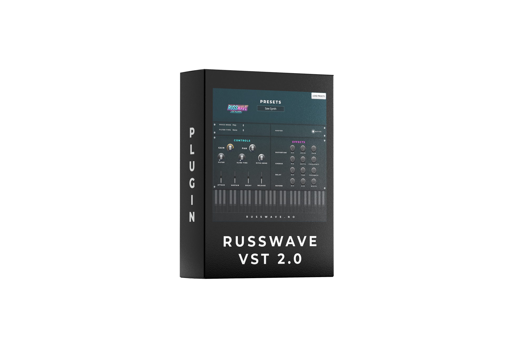 RussWave VST 2.0 plugin uten bakgrunn, digital lydplugin for musikkproduksjon, vises på skjermen med brukergrensesnitt.