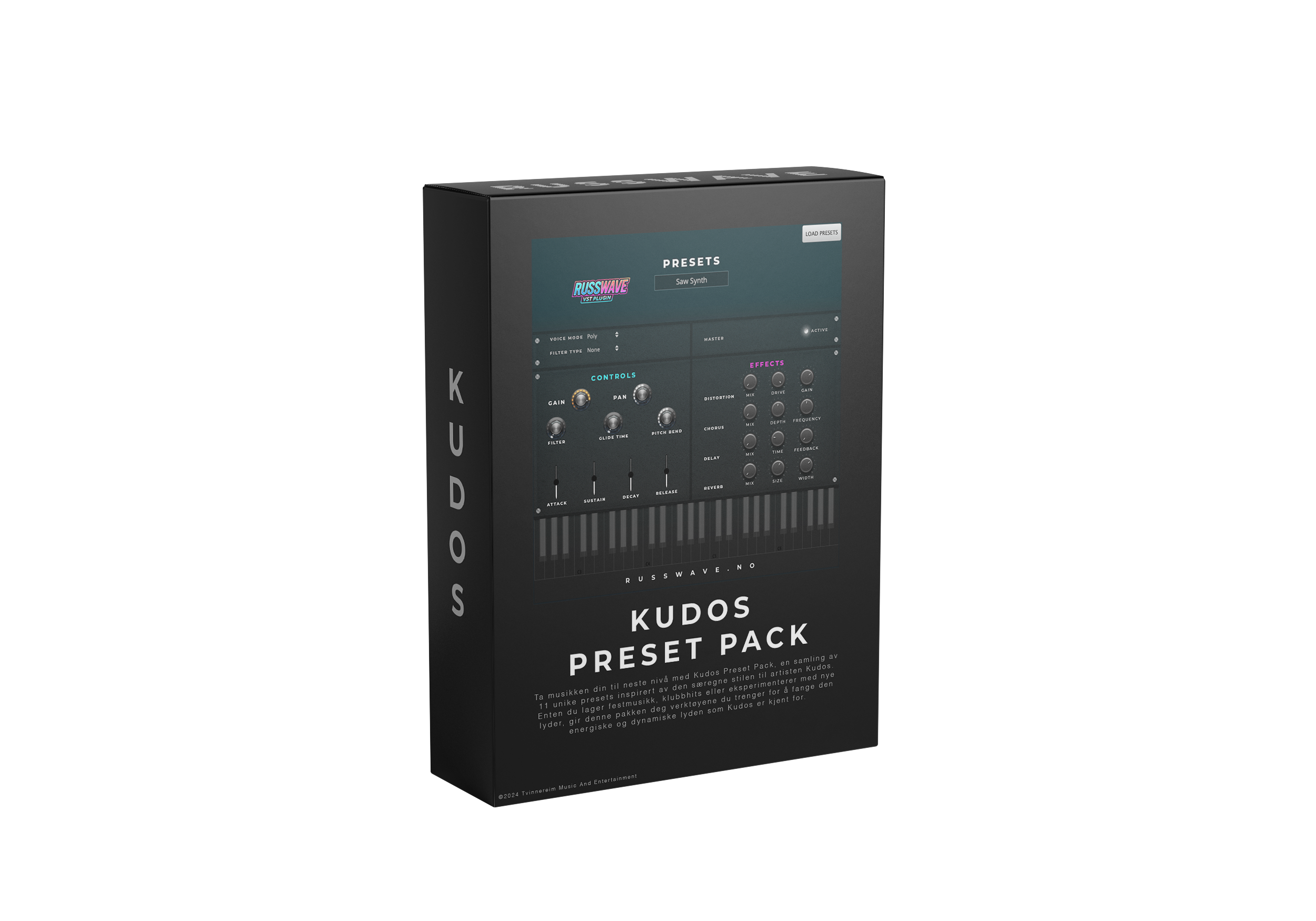 RussWave Kudos Preset Pack som viser en åpen eske med ulike digitale fotopresets mot hvit bakgrunn.